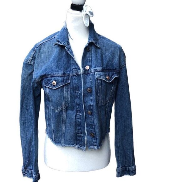 Trafaluc Zara Denim Jacket Distressed Blue Jean Jacket Medium Wash Womens Small - Picture 1 of 5